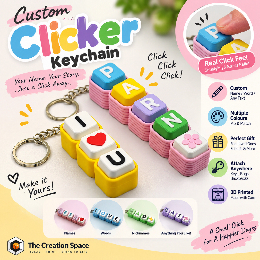 Creation Space custom 3D printed clicker keychain sample designs